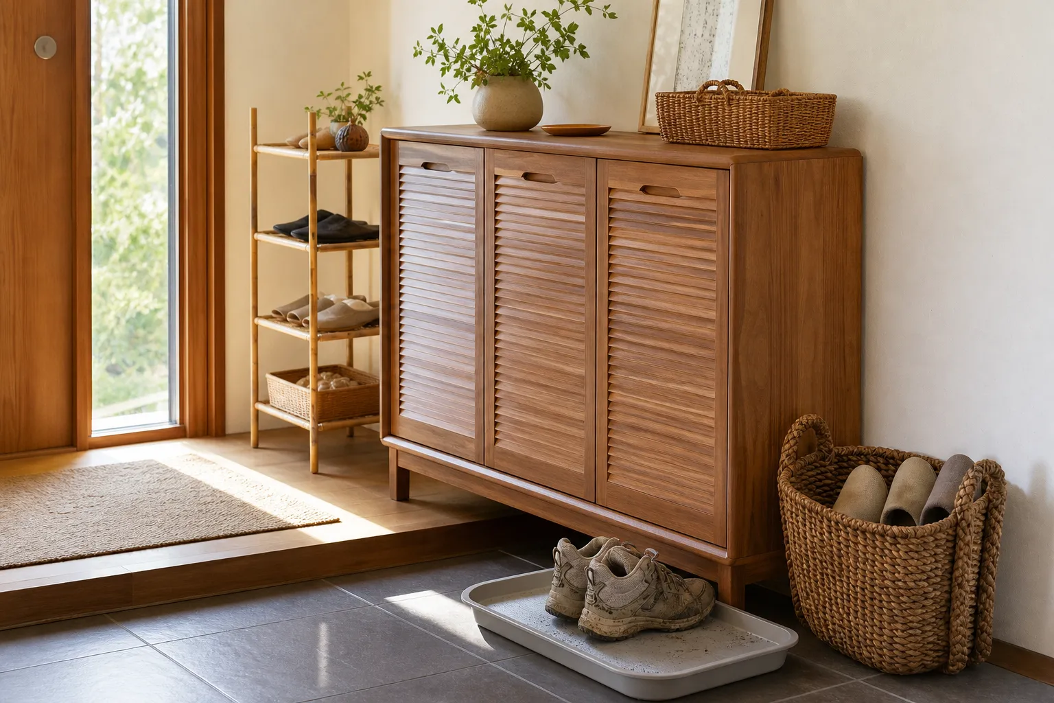 Natural entryway shoe storage materials shown with a wood cabinet, bamboo rack, woven basket, and removable tray