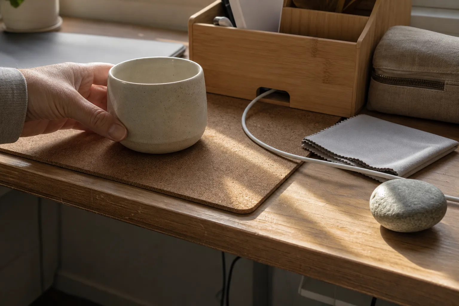 Natural desk objects arranged to check cleaning, drinks, cables, light, and handling before use