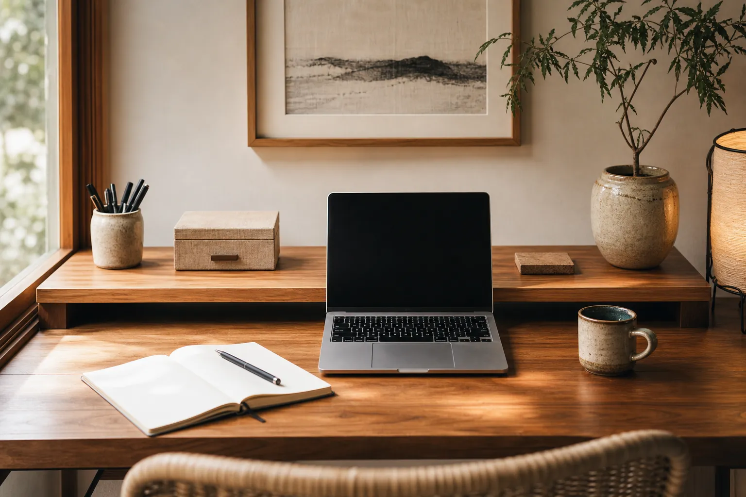 Natural Materials for a Calm Home Office Desk Area
