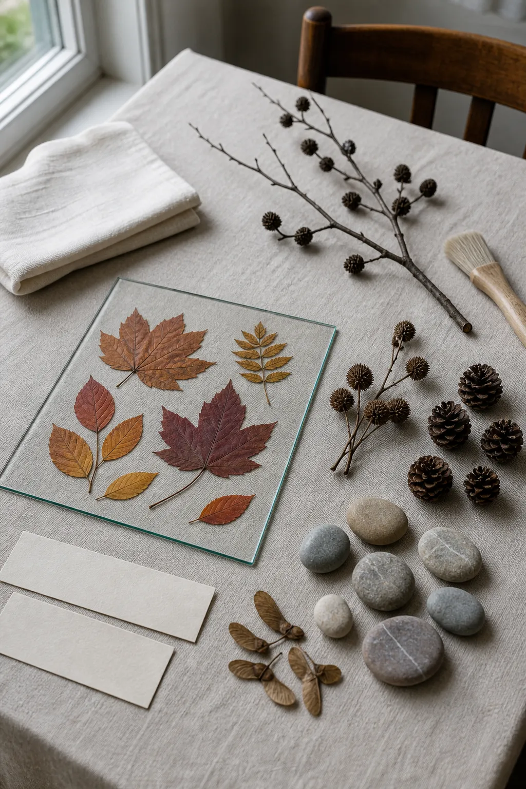 Pressed leaves, a dry branch, stones, and seed pods being checked and arranged in small separate groups