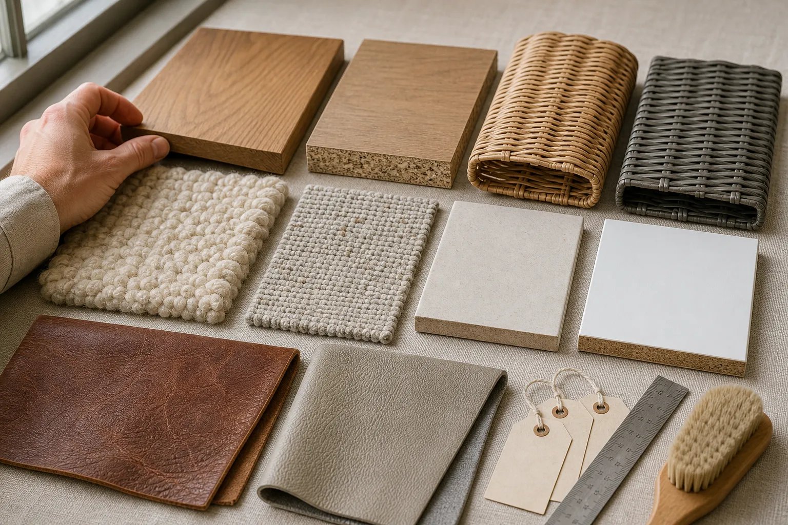 Close comparison of home material samples including wood, particle board, rattan, synthetic wicker, wool, and synthetic rug fibers
