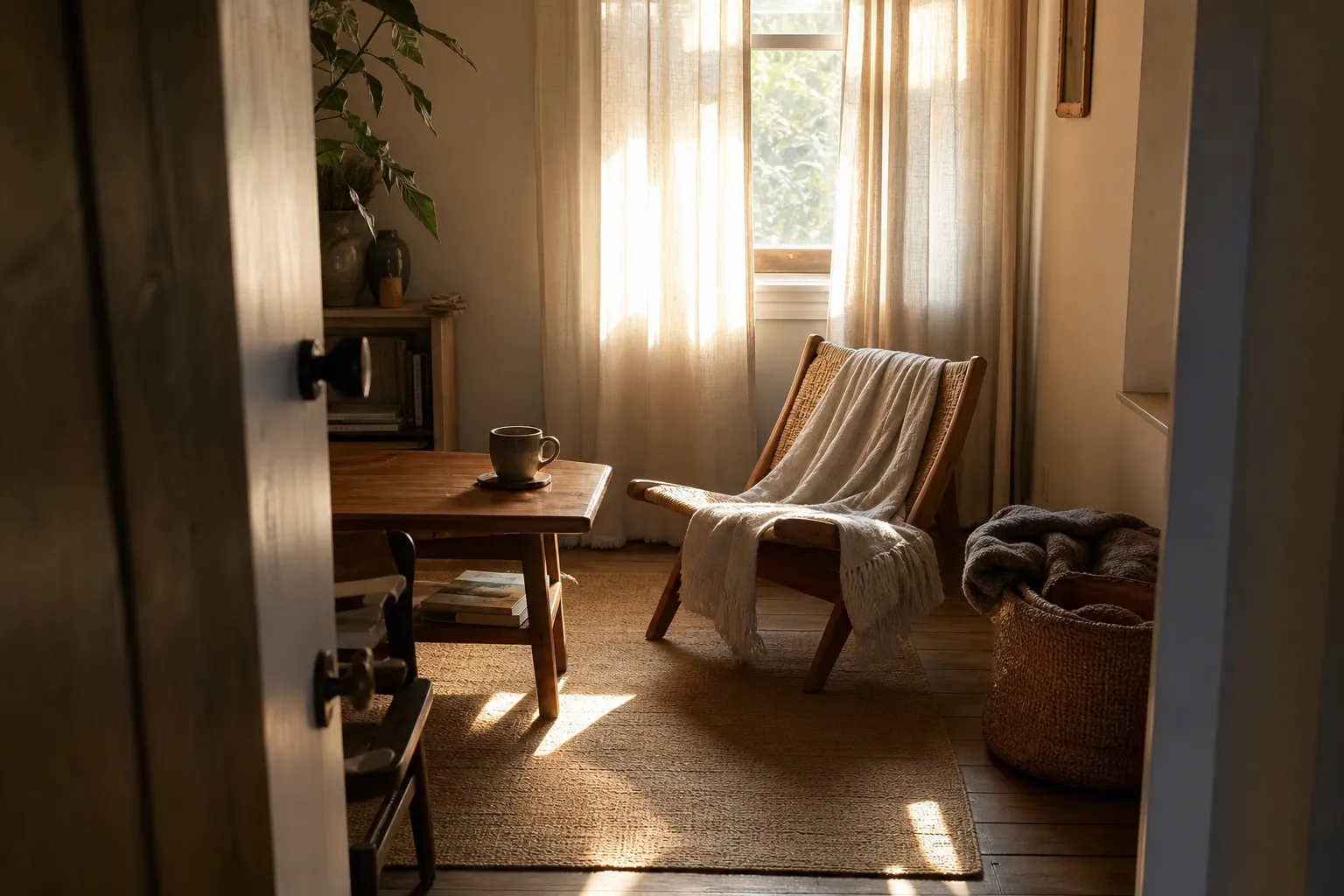 A calm room where daylight, curtains, and layered textiles are adjusted according to glare, warmth, and season.