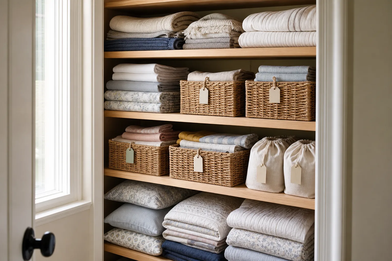 Folded bedding, throws, and cushion covers sorted into labeled storage by room and season.