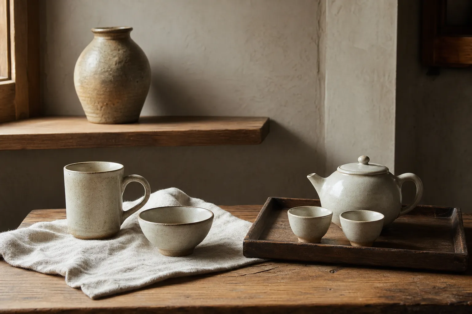 A calm home surface with tea ceramics, wood, linen, and a display vessel separated by use role