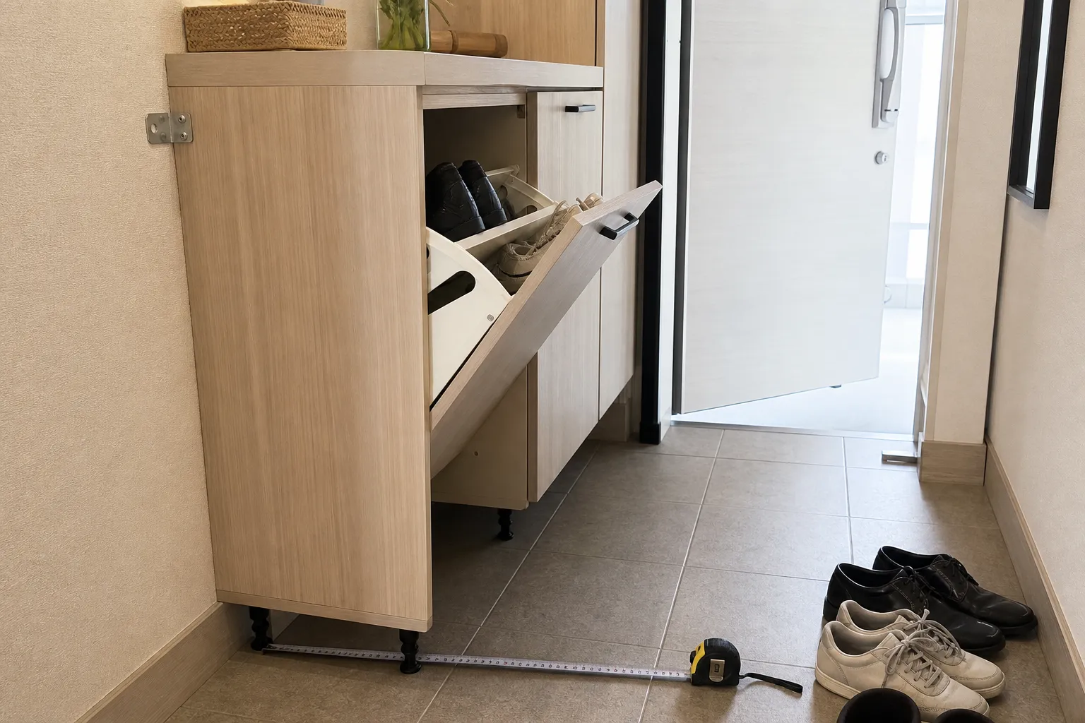 A narrow entryway showing shoe storage depth, walking clearance, and a tall cabinet that needs stable placement