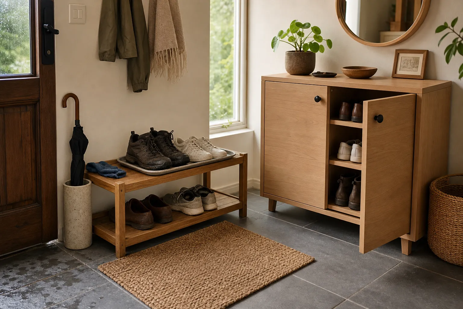 An entryway comparing an open shoe rack for damp daily shoes with a closed shoe cabinet for dry stored pairs