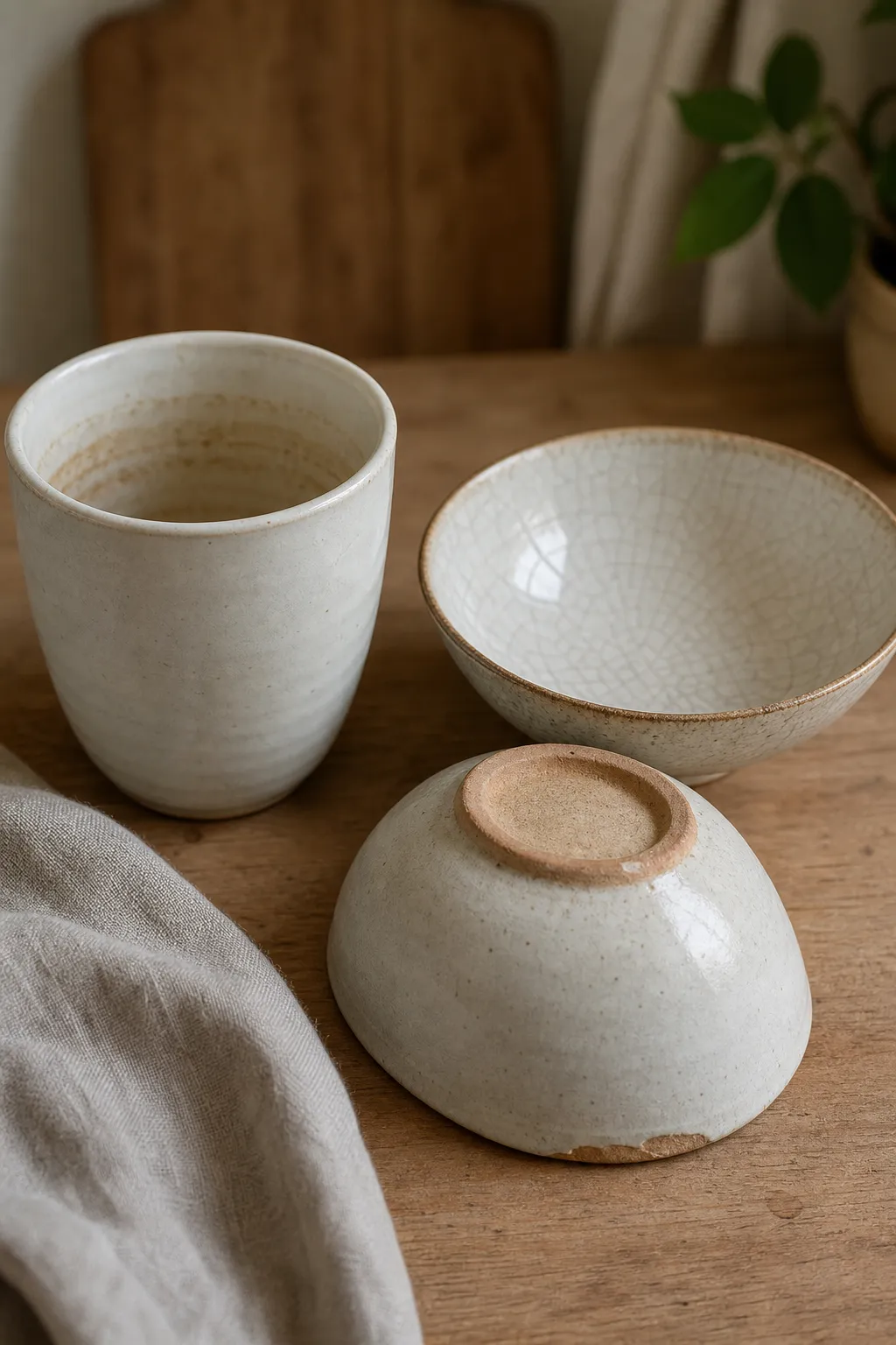 Ceramic cup and bowl details showing stains, crazing, and rim chips as separate conditions
