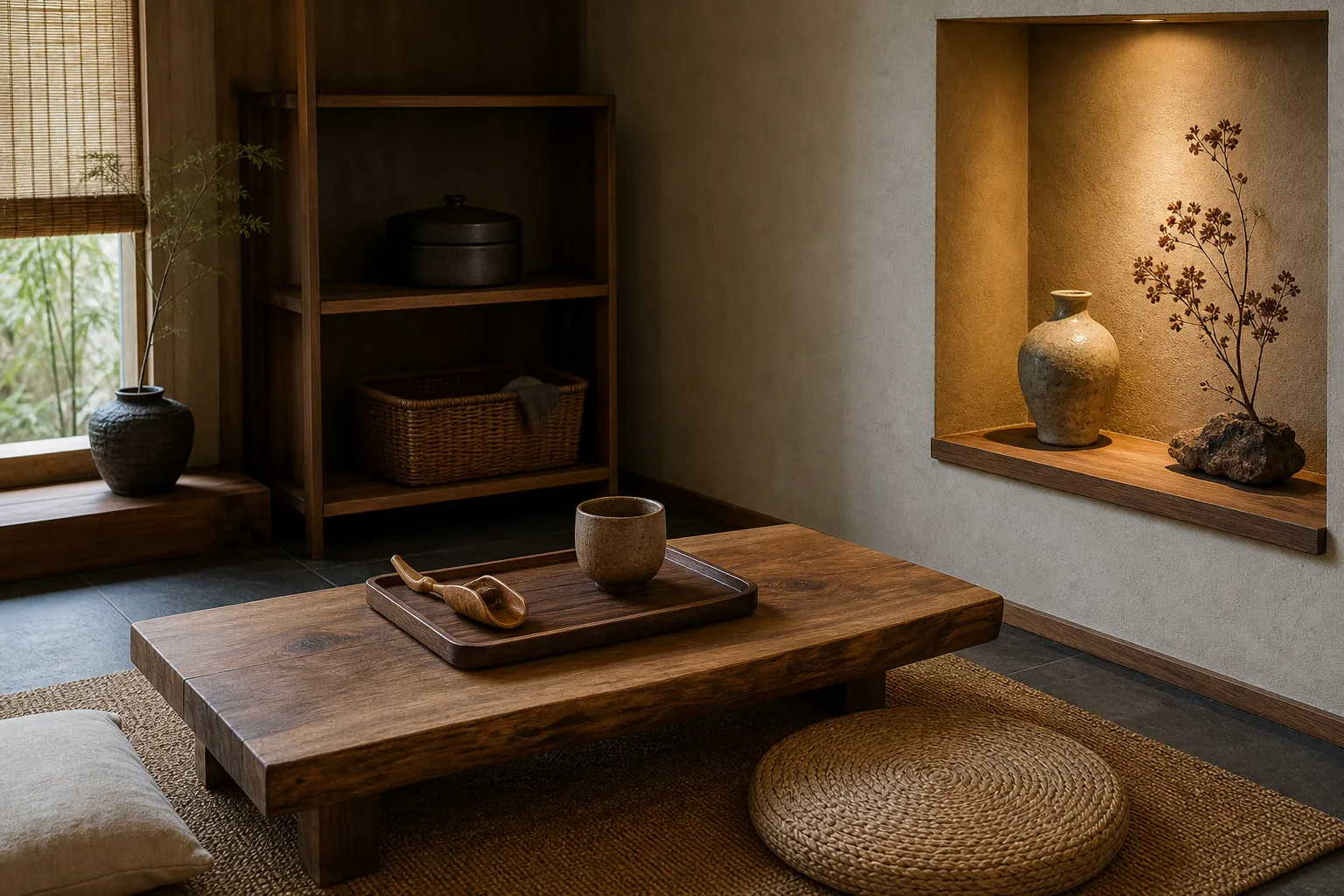 Comparison of natural objects on a high touch tea table, shaded shelf, and entryway ledge