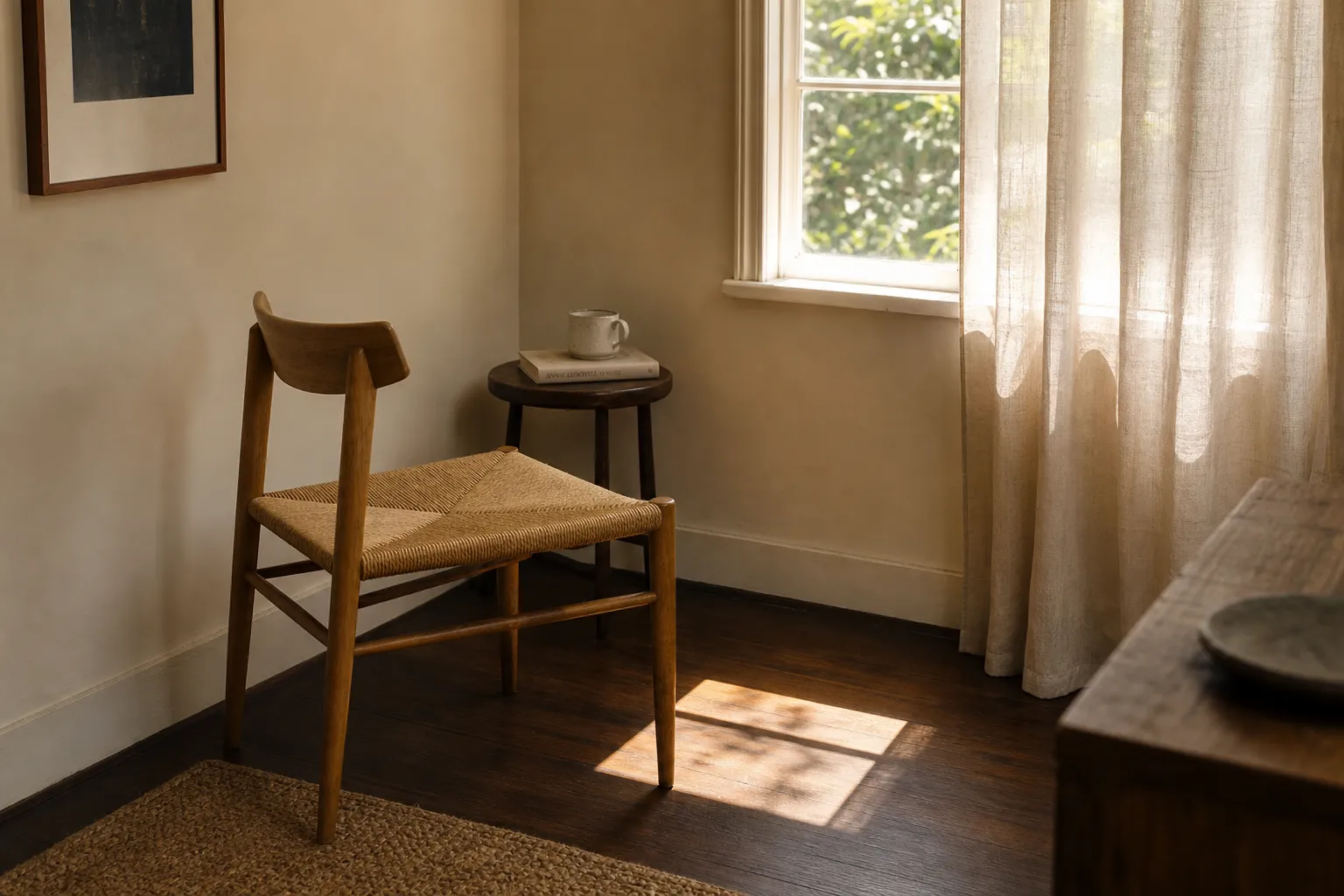 A small window sitting corner with the chair angled away from direct sunlight and a soft filtering layer at the glass