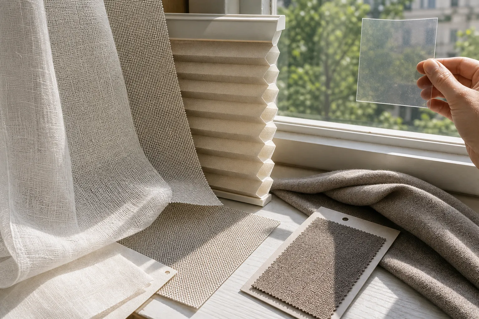 Window treatment samples showing sheer fabric, a solar shade, a cellular shade, and a drape for comparing daylight, view, and glare control