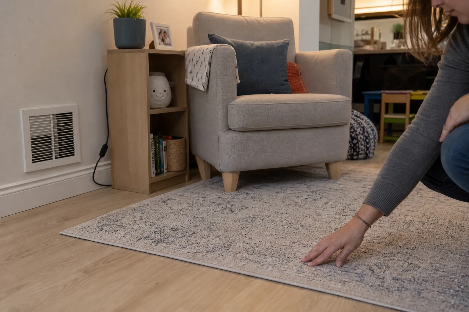 A shared room quiet nook being checked for clear walking paths, flat rug edges, safe cords, ventilation, and stable furniture