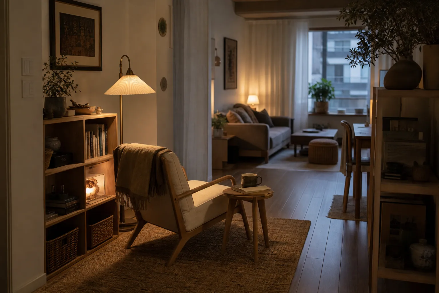 A shared room corner with an angled chair, dense rug, lamp, and soft boundary away from the main walking path