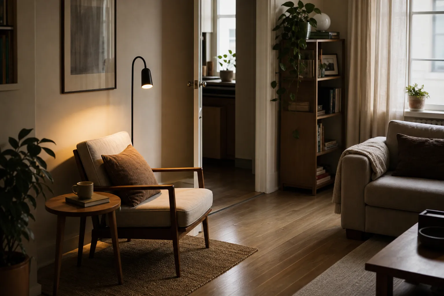 Compact quiet nook in a small living room with one chair, a small surface, focused light, and open walking space