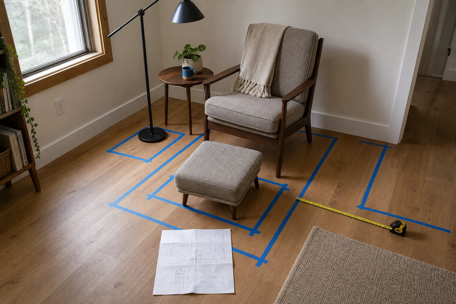 A reading corner footprint marked on the floor to test chair, table, lamp reach, and walkway clearance