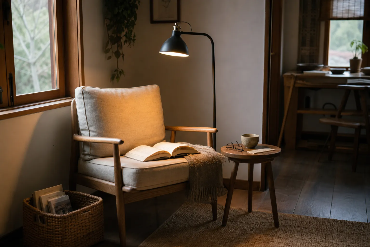 A practical reading corner with a chair, page-level lamp, small side surface, and limited book storage