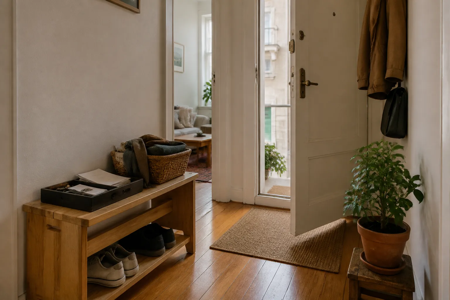 A small rental entryway arranged with low shoe storage, a tray for daily items, and a clear walking path without drilled wall fixtures