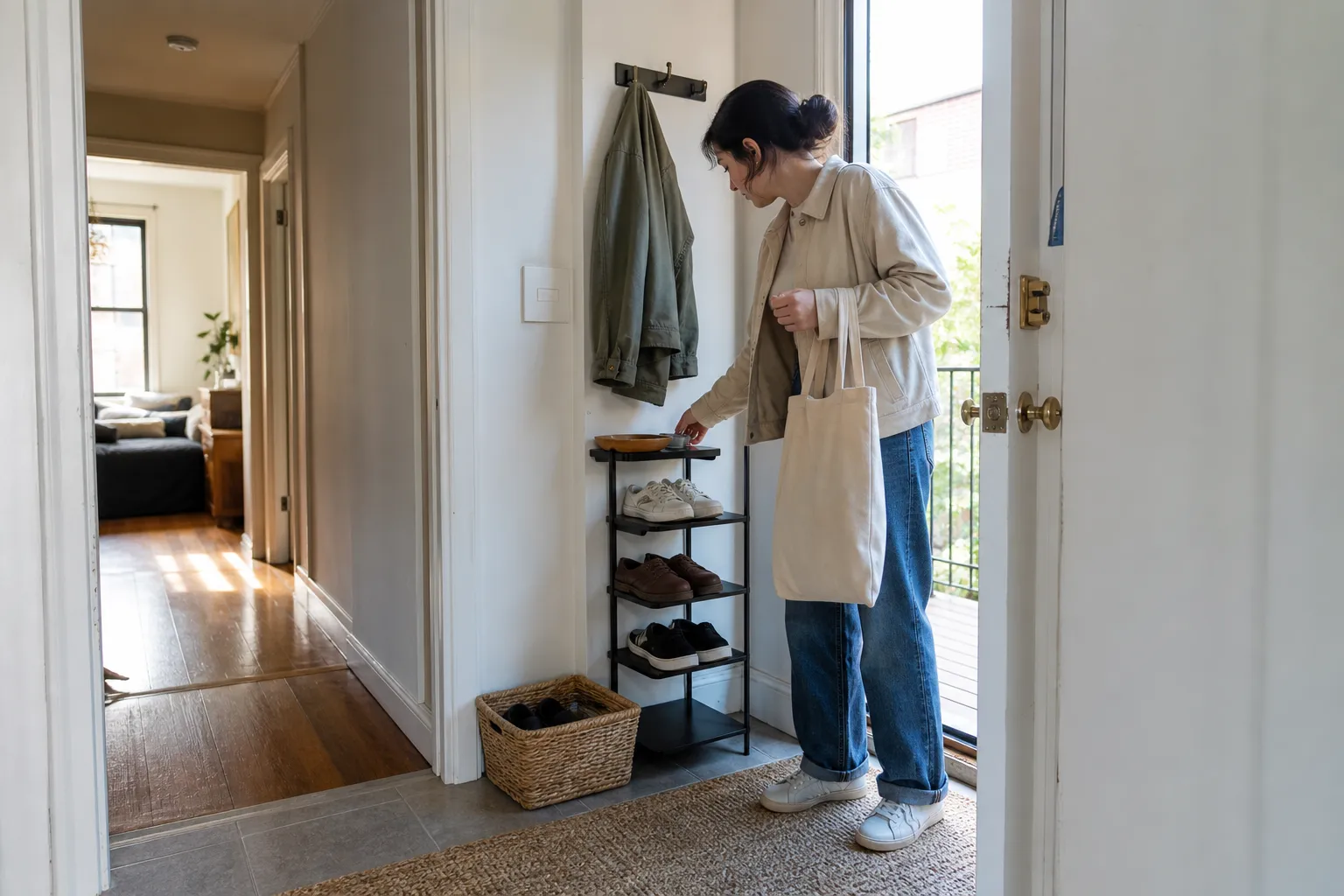 A renter checking door swing and daily reach around a layered no-drill entryway with floor storage, a small tray, and one light hanging point