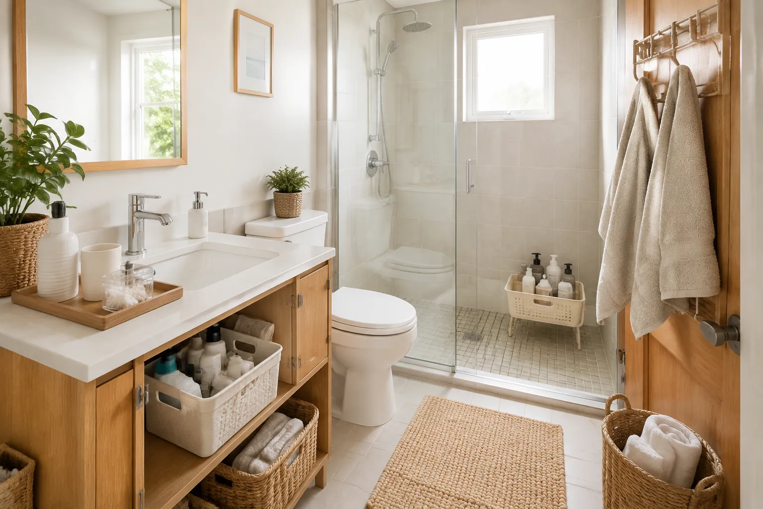 Bathroom storage grouped by dry, damp-use, sink, and closed zones in a small rental space