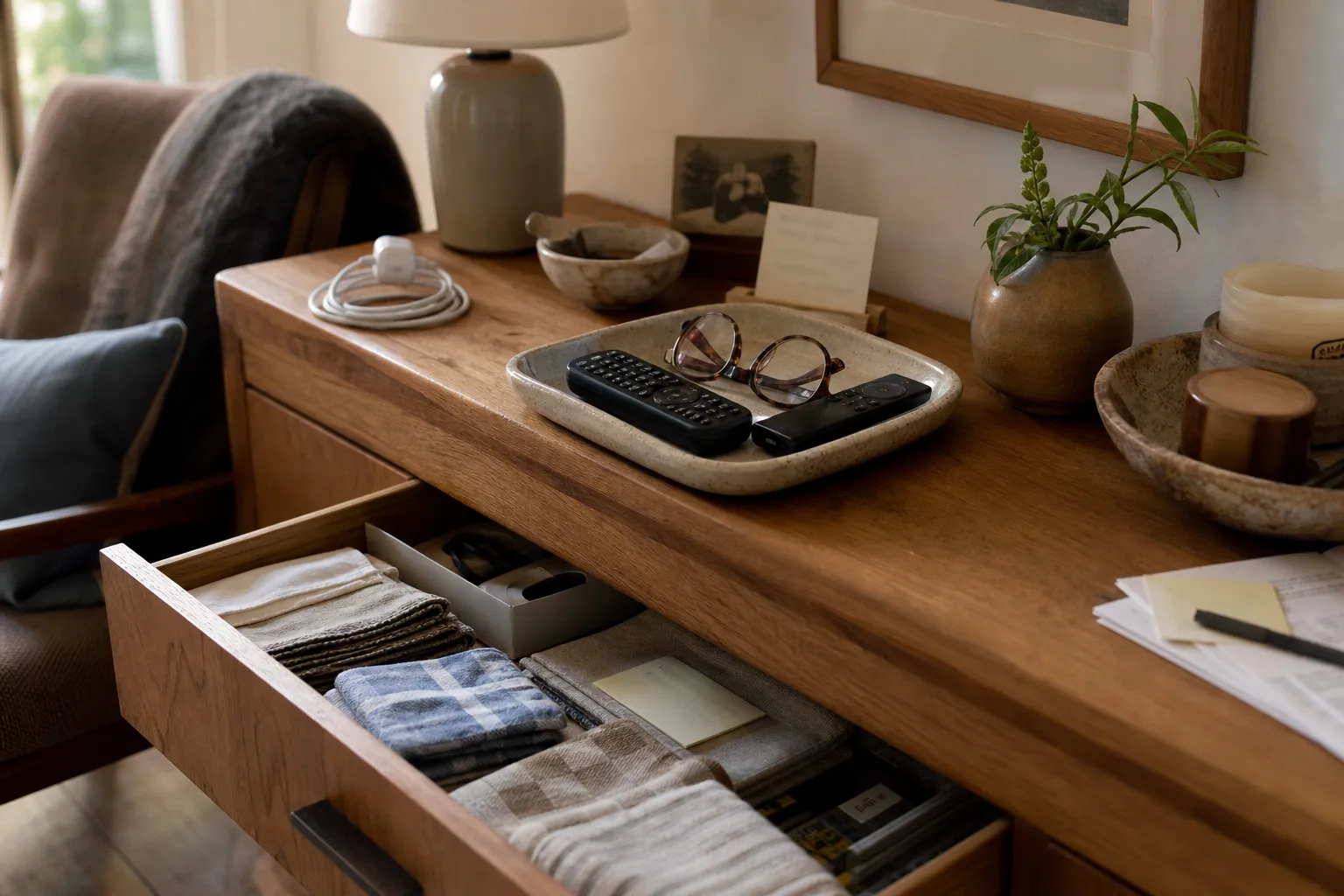 Everyday objects sorted into visible daily spots and quieter storage for slower-use items