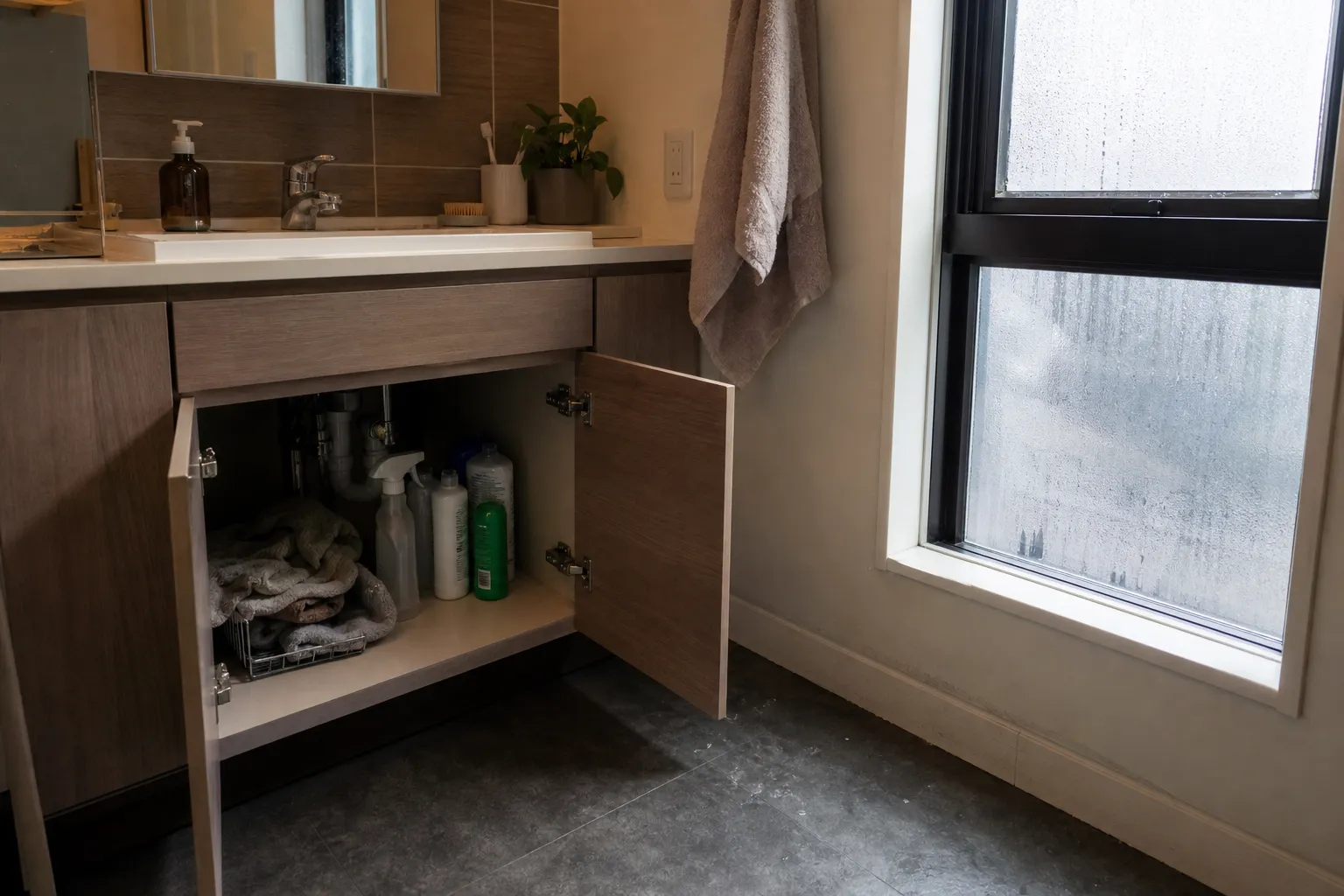 A bathroom or kitchen corner with a condensation-marked window, a slow-drying towel, and under-sink storage that needs checking