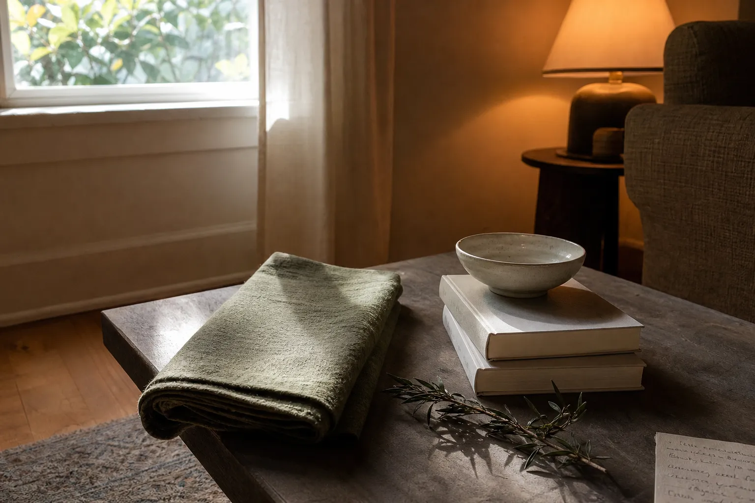 Existing textiles, books, and ceramics being checked in daylight and lamplight before a seasonal color decision