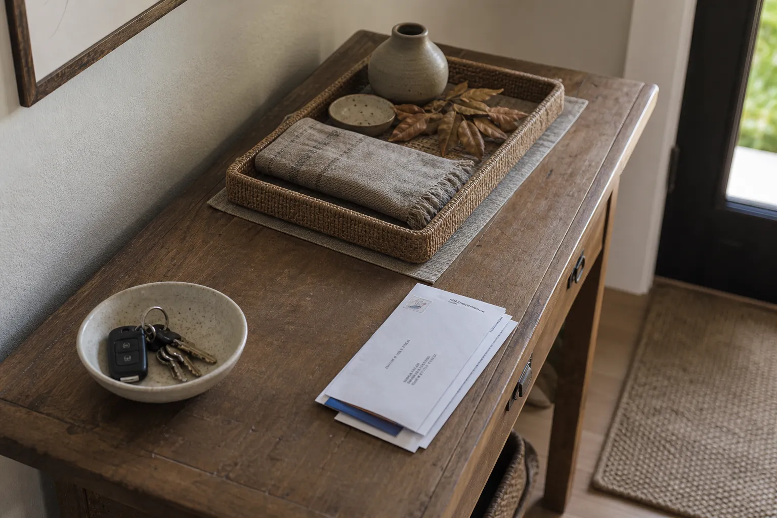 Contained seasonal decor on a tray with daily keys and mail kept separate