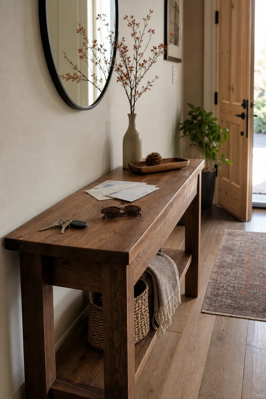 Seasonal Entry Table Decor Without Blocking Daily Drop Zones