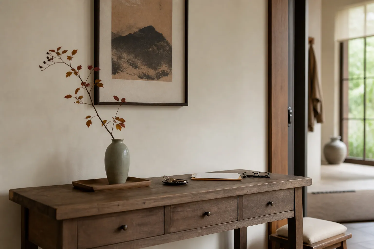 A calm room surface with one contained seasonal focal zone that leaves daily space usable