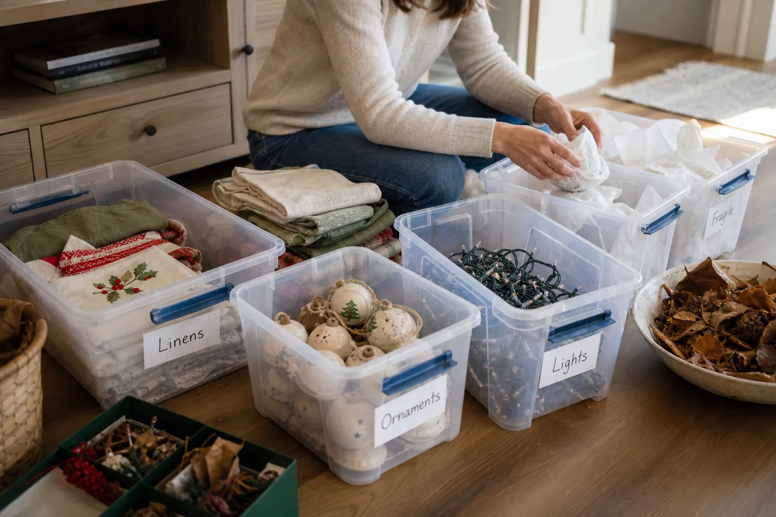 Seasonal objects being edited, cleaned, and stored in labeled containers with empty space left inside