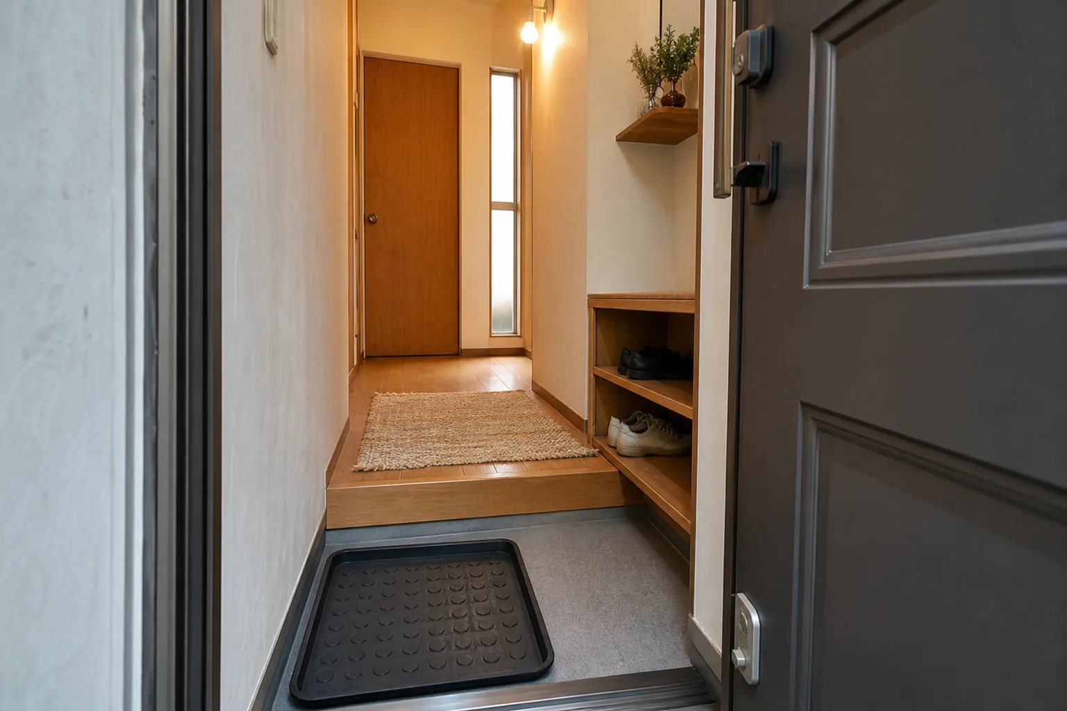 A narrow entryway with a clear door swing, a washable shoe tray, and shallow daily shoe storage kept out of the walking path