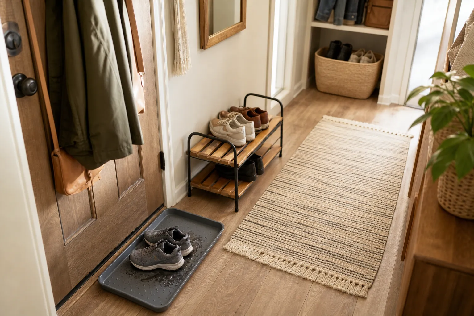 A compact entry shoe system with a washable tray for wet shoes, a shallow rack for daily pairs, and overflow storage kept away from the doorway
