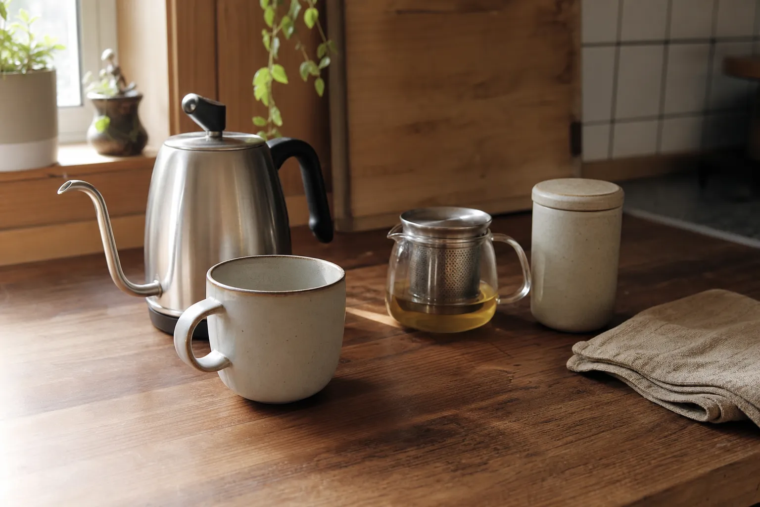 A simple tea setup on a clear home surface with only the objects needed for daily use
