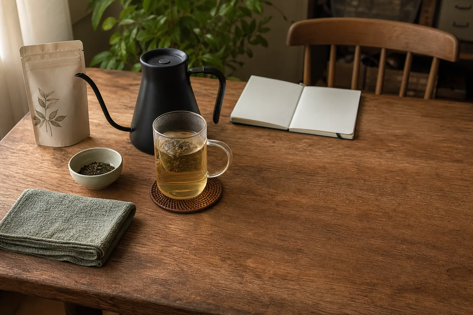 A practical tea reset with one cup, one brewing method, and a clear surface ready for cleanup