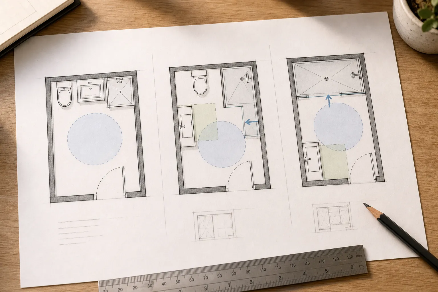 Three compact bathroom layout options comparing one-wall, split fixture, and vanity near door arrangements