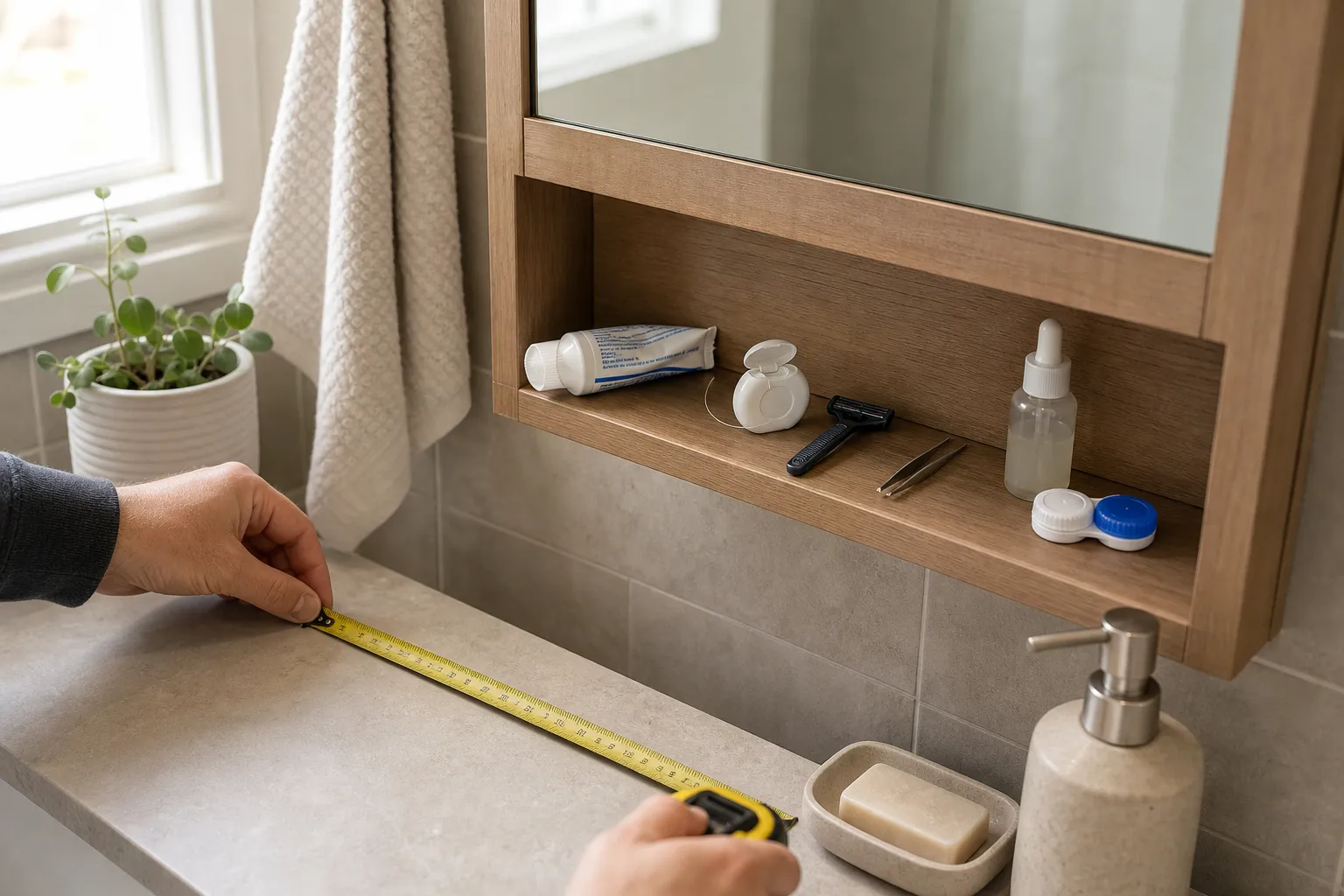 Daily bathroom items arranged beside a shallow mirror cabinet shelf to compare usable shelf depth