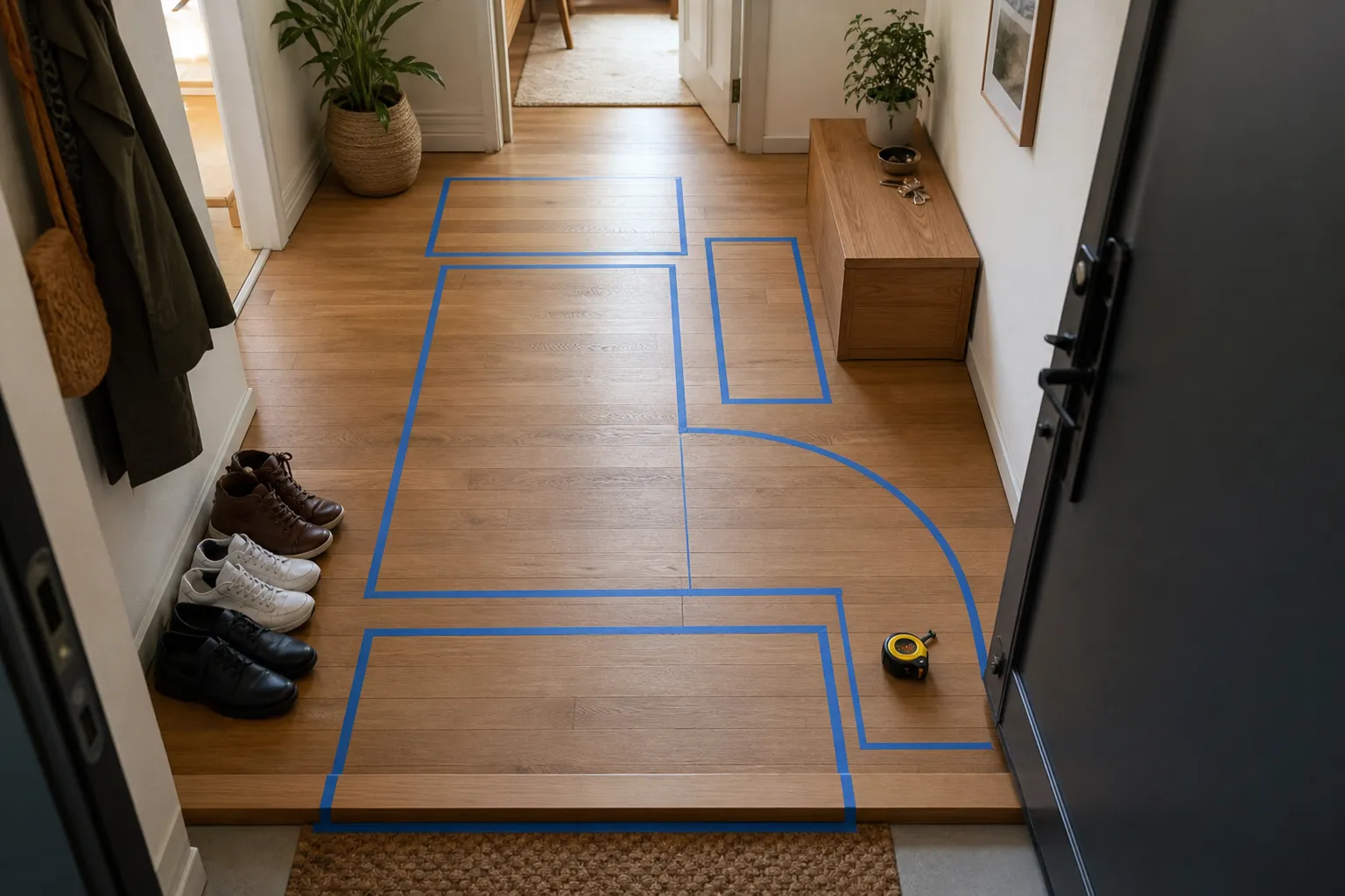 Small entryway floor with taped door swing, walking path, and storage footprint