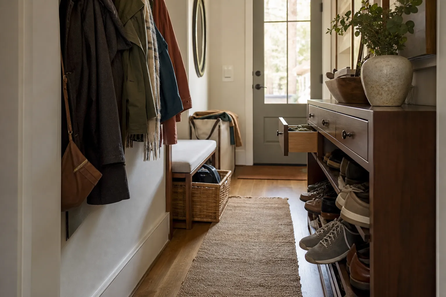 Entryway storage choices showing coats, shoes, drawers, and baskets projecting into usable space