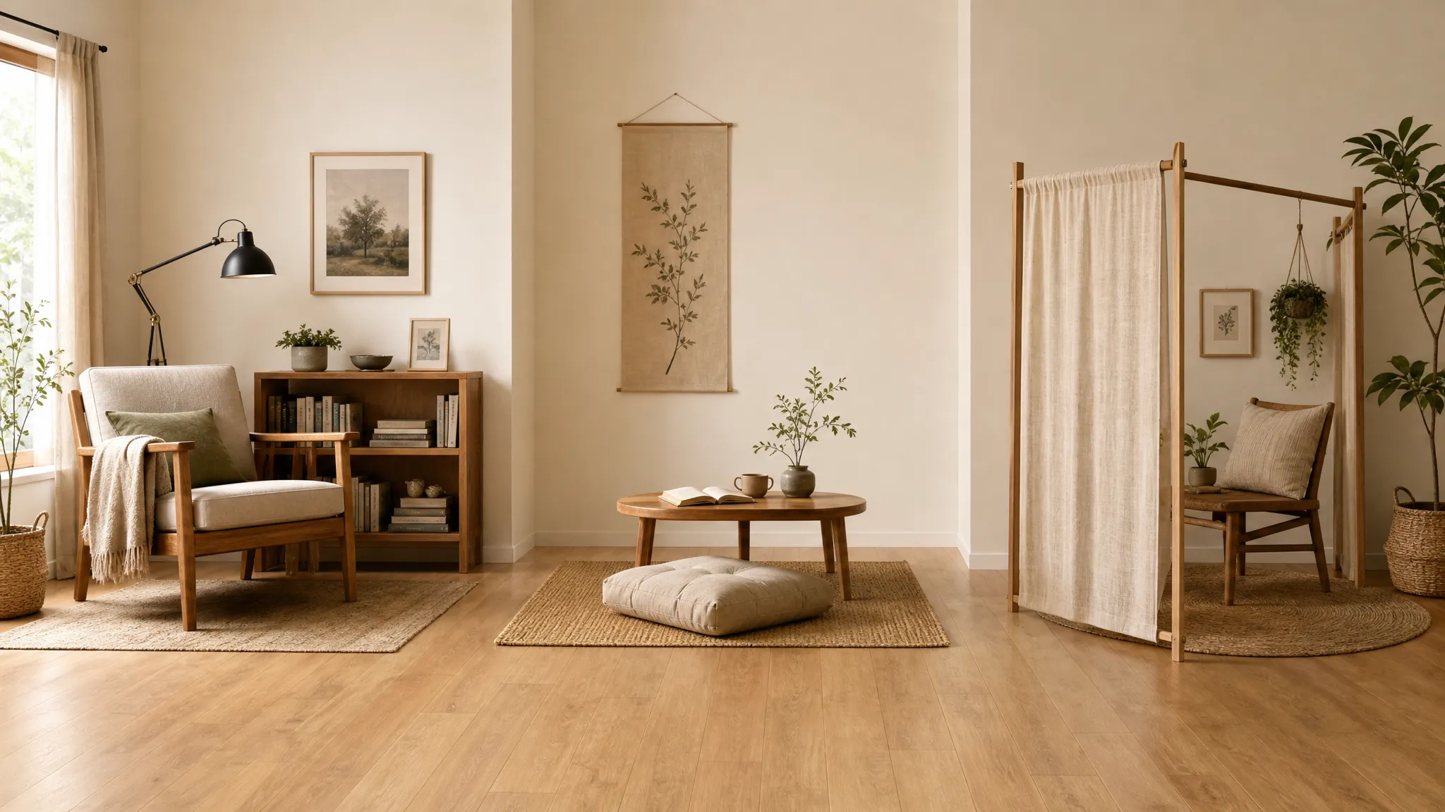 Three practical quiet corner layouts showing a chair and shelf, a floor cushion and low table, and a lightly screened corner