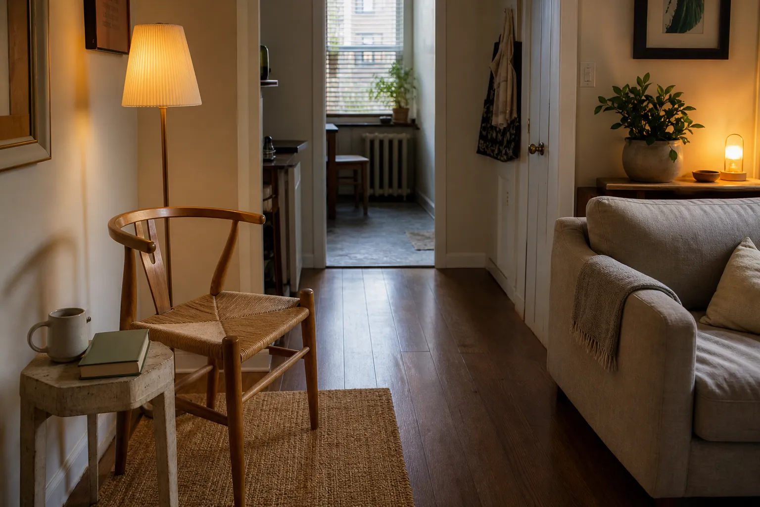 A small usable sitting corner with a compact chair, side surface, lamp, and clear walking space