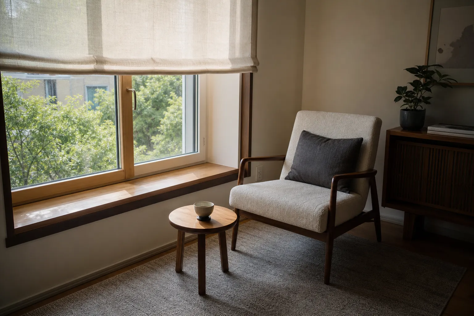 A window-side quiet corner arranged to manage glare, heat, view direction, and access to the window