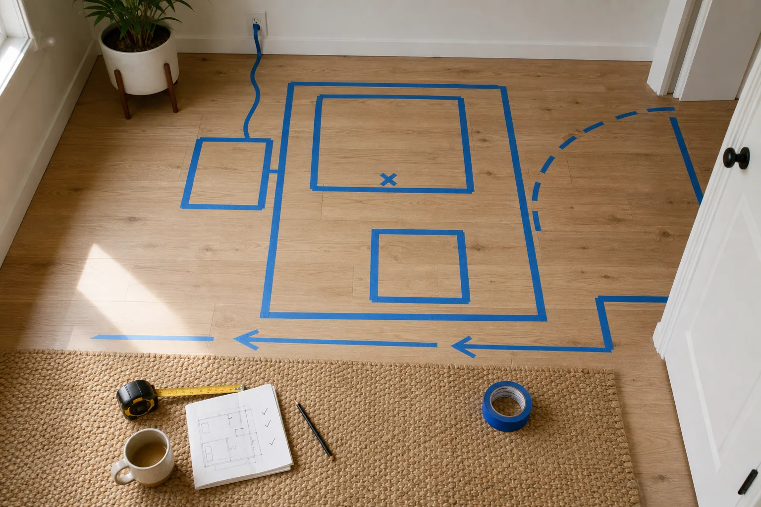 Painter’s tape marking a small sitting area mock-up with chair footprint, side table reach, rug outline, walking path, door swing, and cord route