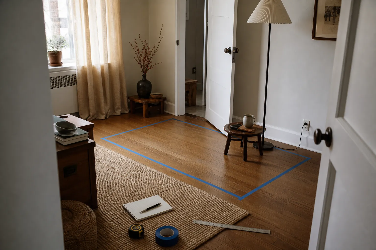 A small sitting area being checked for chair depth, side table reach, rug edge placement, door clearance, and outlet access before buying furniture