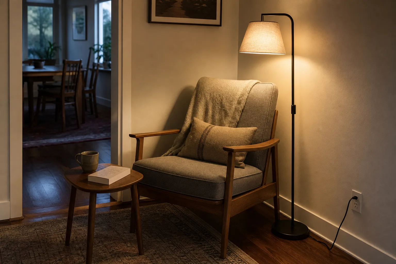 A small chair corner arranged with usable light, a clear cord route, and a side table that still has working space