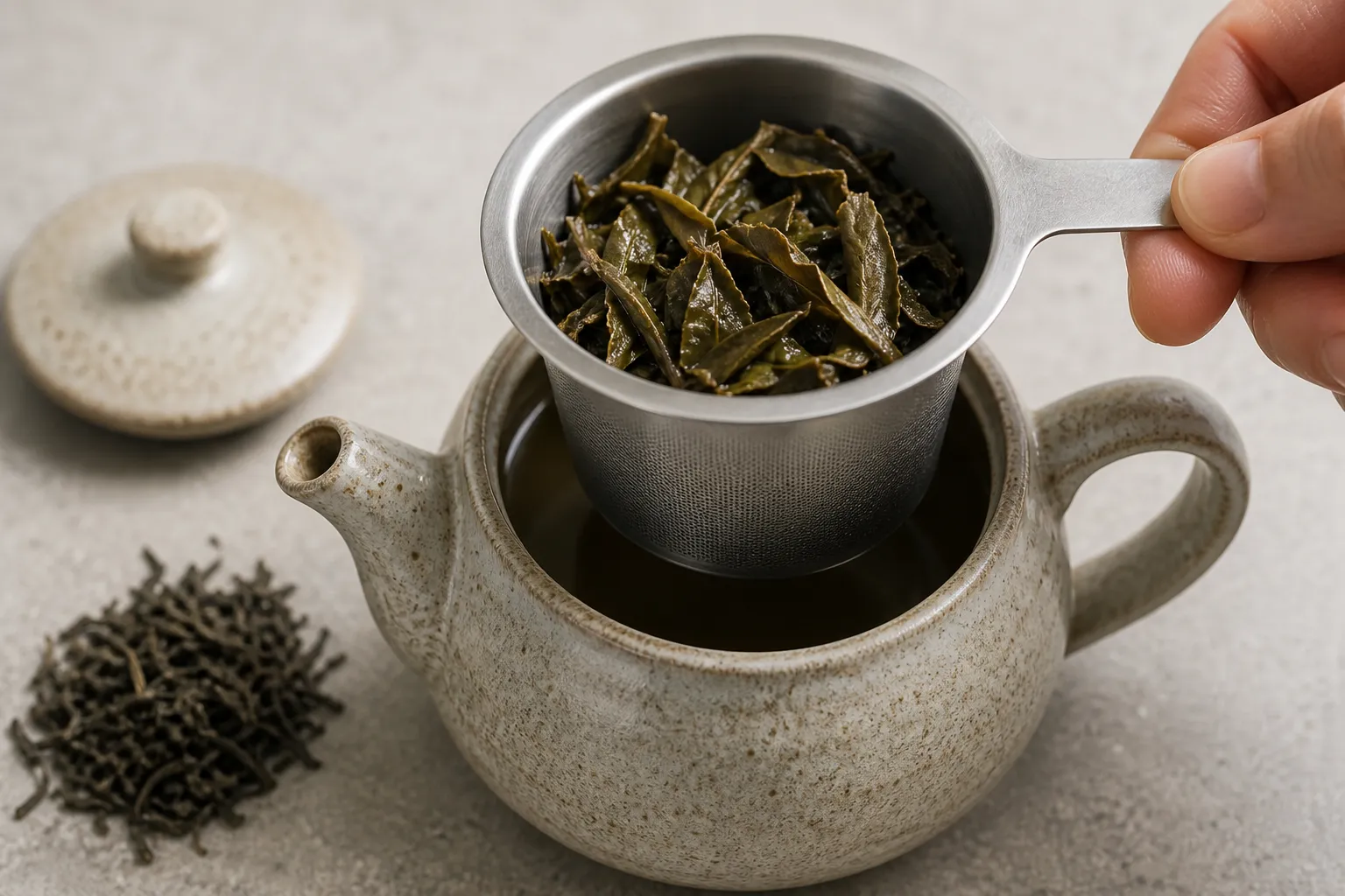Loose tea leaves and a teapot strainer checked for enough brewing space