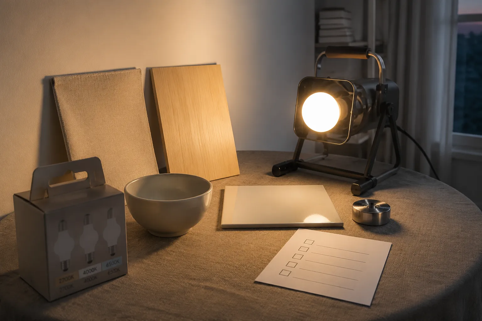A warm bulb tested against fabric shade, pale wall, wood, ceramic, and glossy surfaces before buying a full room set