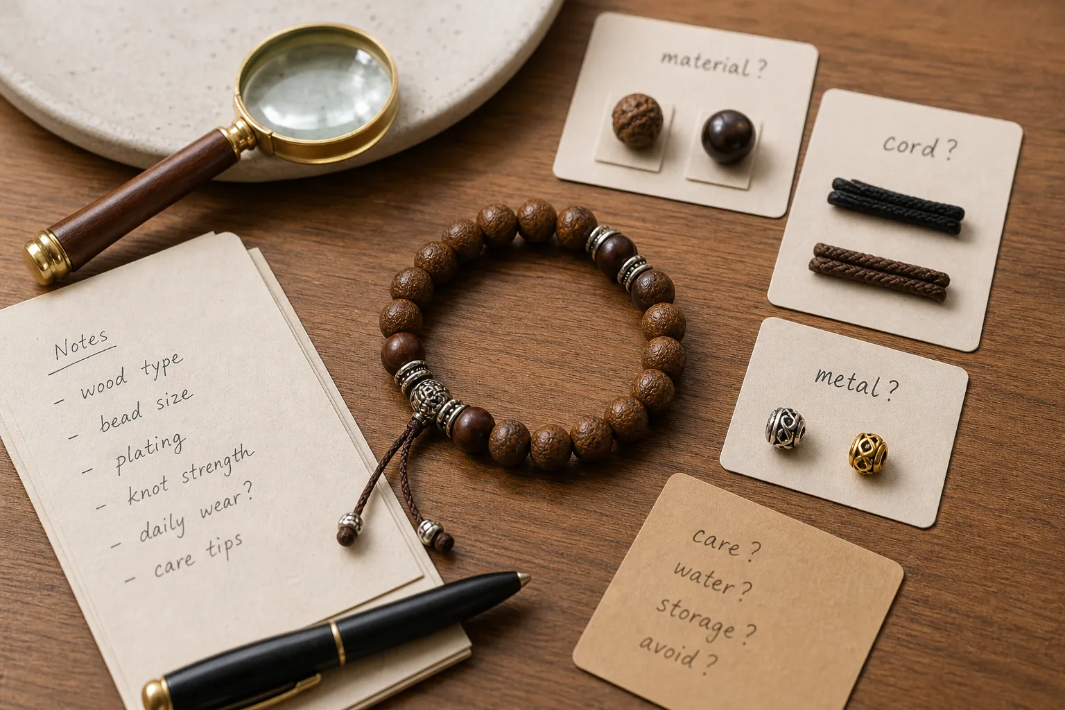 A jewelry listing check scene with bead material notes, metal component labels, and a mala-style bracelet nearby