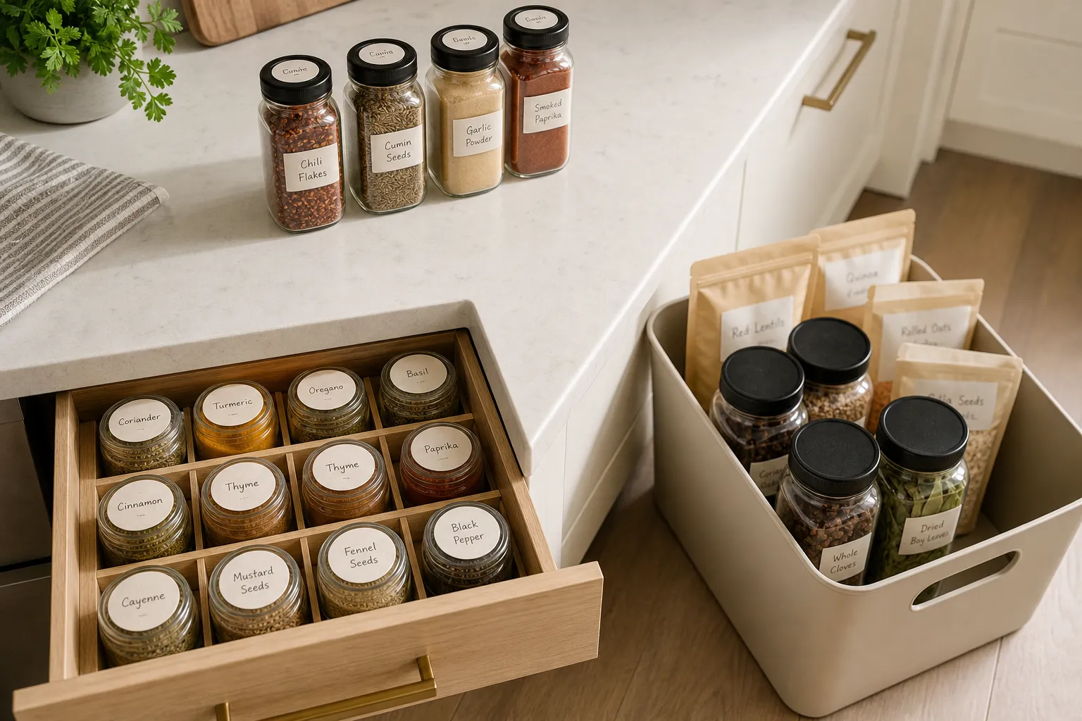 Spice jars with lid labels, front labels, and a separate refill bin showing label choices for different storage angles