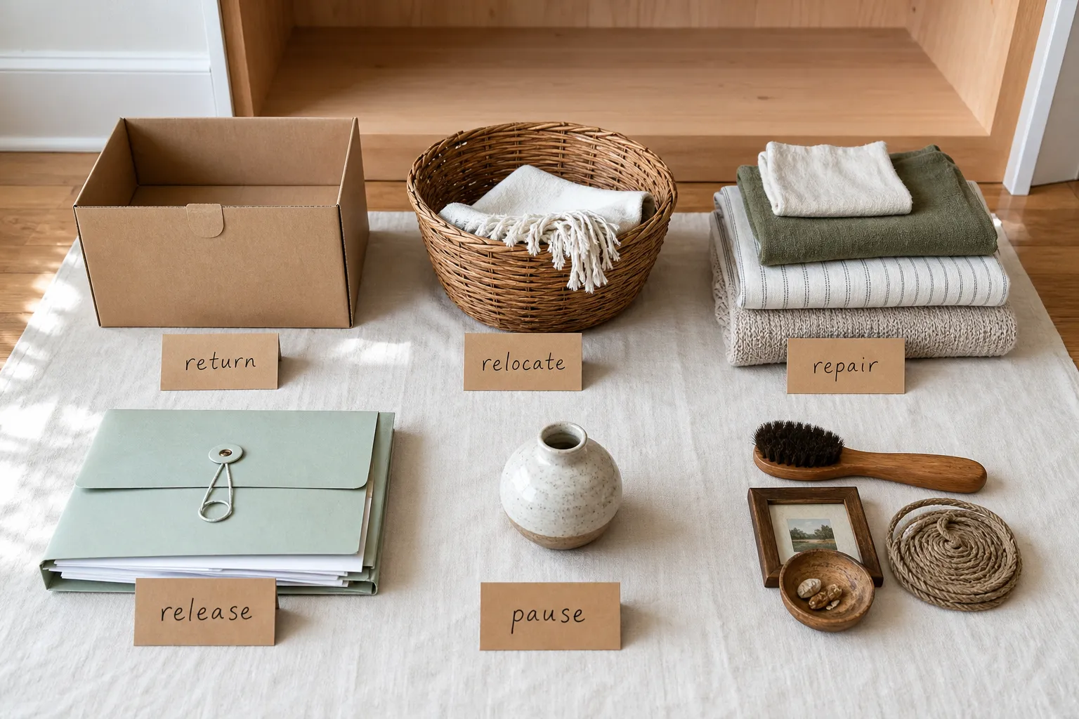 Stored boxes and household objects sorted into return, relocate, repair, release, and pause groups