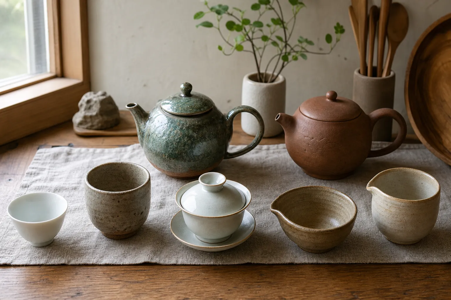 Different everyday tea vessels arranged to compare porcelain, stoneware, glazed ceramic, unglazed clay, and small brewing forms