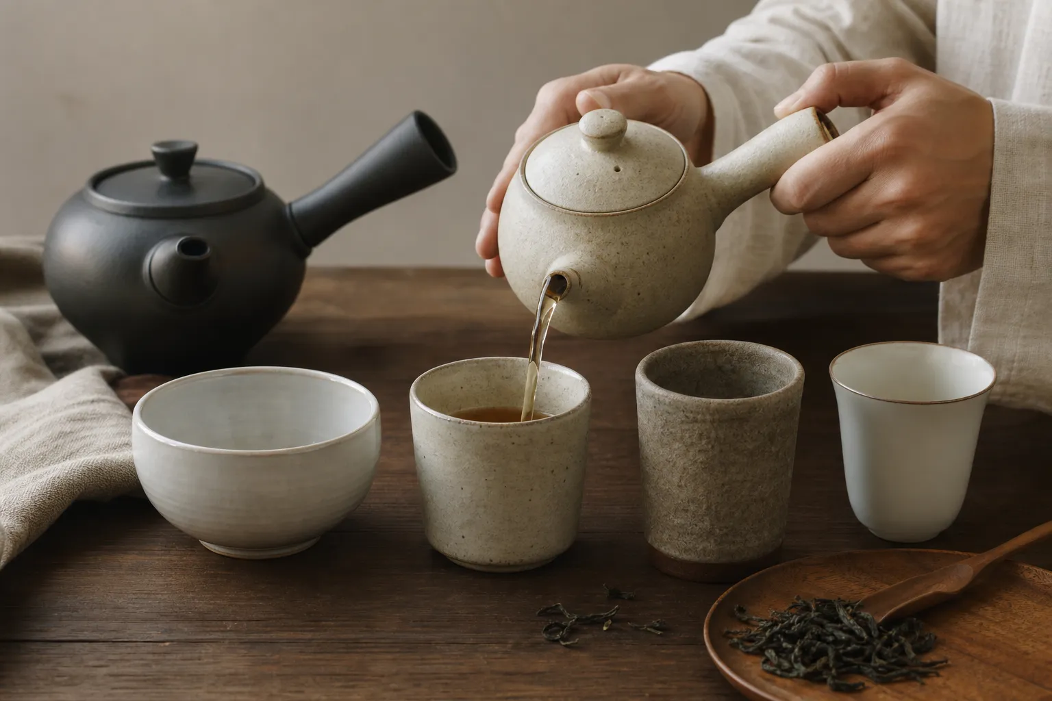 Tea cups and teapots shown with attention to rim thickness, cup width, handle position, spout, lid, and pouring angle